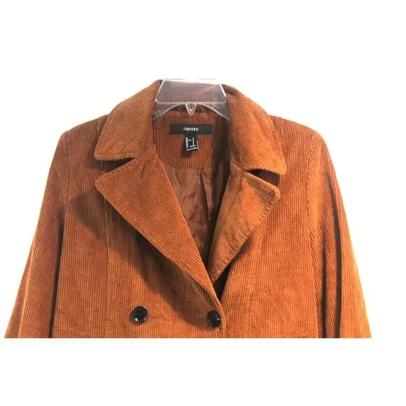 Forever 21 Corduroy Peacoat Womens size S Brown Line Double Breasted Pockets - Picture 2 of 9